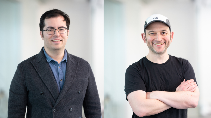 Character.AI co-founders Daniel De Freitas and Noam Shazeer pose for photos.