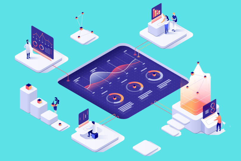 People interacting with charts and analyzing statistics. Data visualization concept.