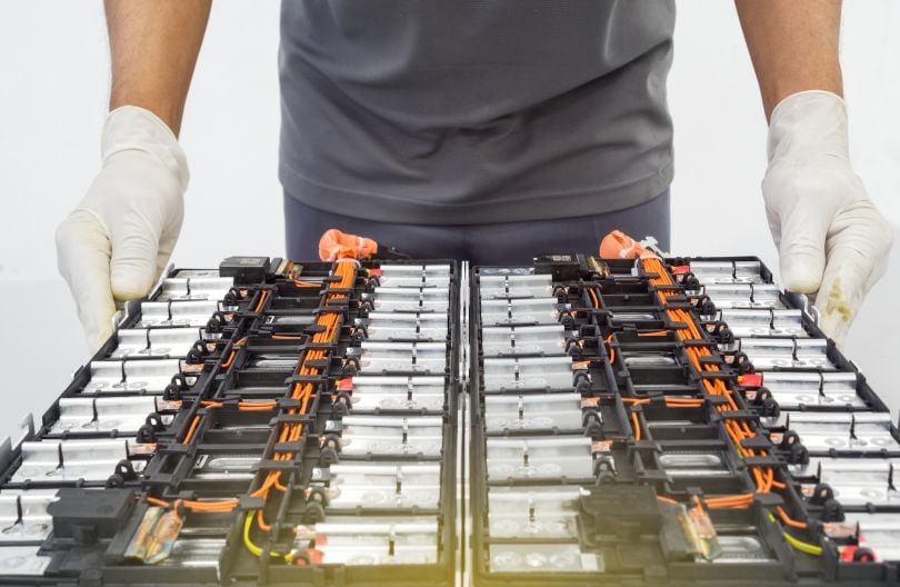 A person holds a tray of lithium-ion batteries.