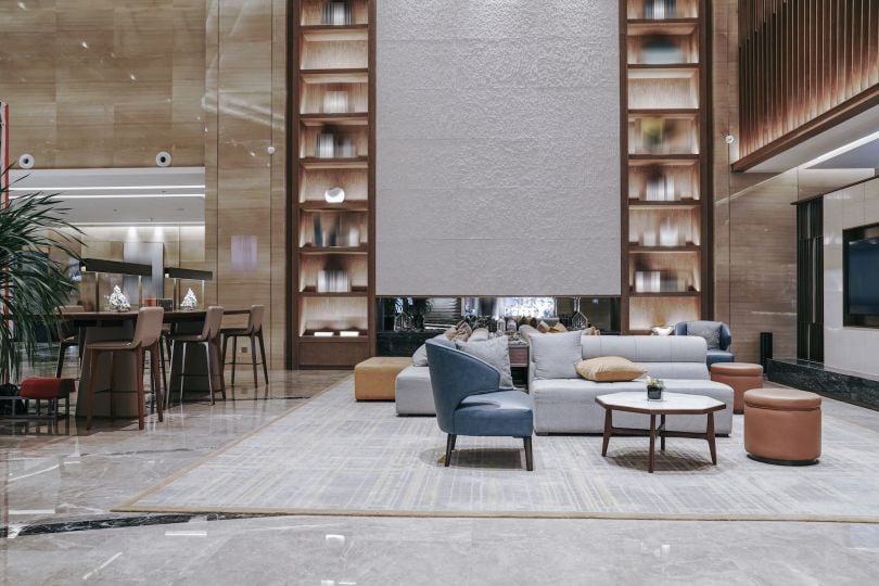 A hotel lobby is pictured.