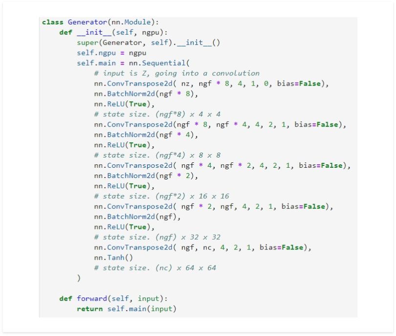 Code output for the transposed convolutional layer generator. 