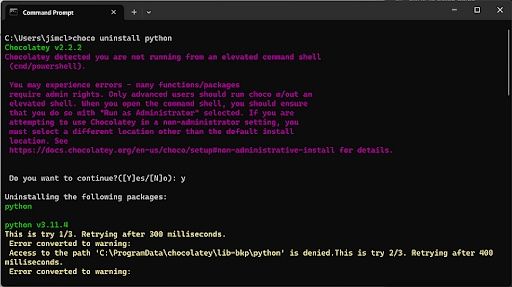 running a code prompt to uninstall python