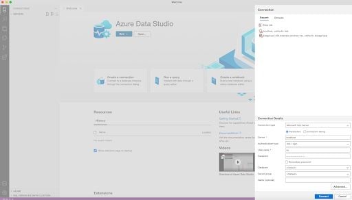 screenshot of azure data studio running on Mac