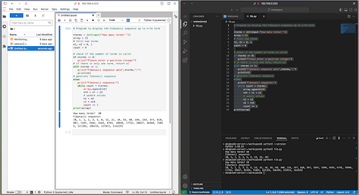 Conda Jupyter server UI (Left) / Python program on Code server (Right)