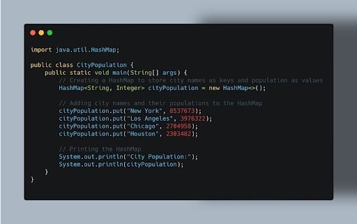 HashMap in Java code storing city names and populations.