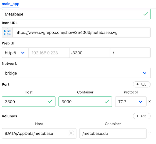 Metabase container settings