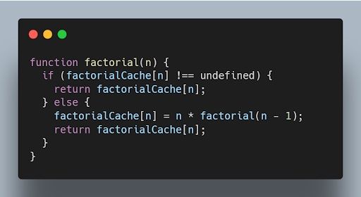Memoized code for JavaScript factorial. 