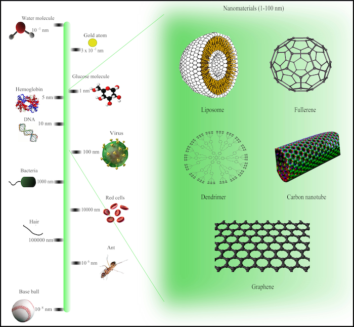 Nanotechnology chart showing the size of various objects like water molecules, ants and baseballs compared to the incredibly small nanomaterials.