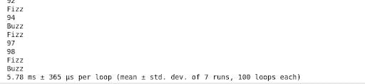 fizzbuzz python timed results  for itertools