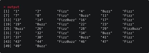 FizzBuzz for integers 1–50 printed as a vector 