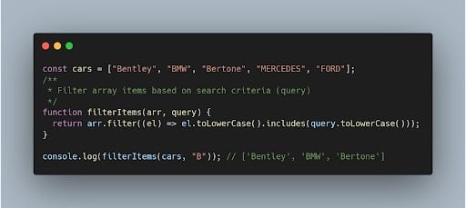 JavaScript array for cars filtered using the filter() method to return cars that start with the letter b.