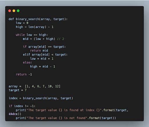 Binary search code for the array described above