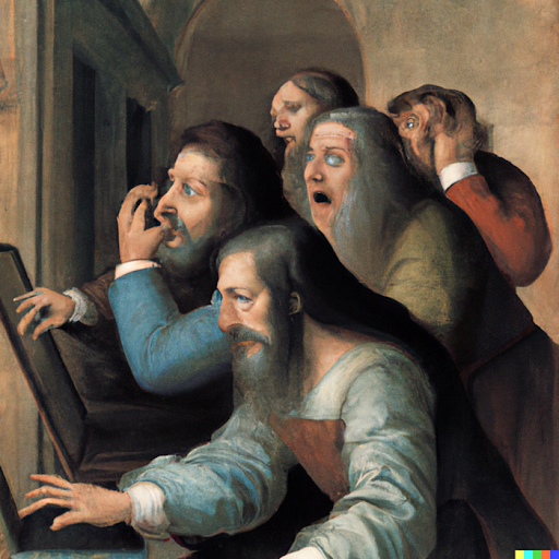 DALL-E created image of men panicking at laptop screen