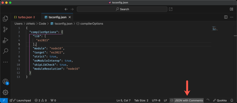 JSON with comments enabled.