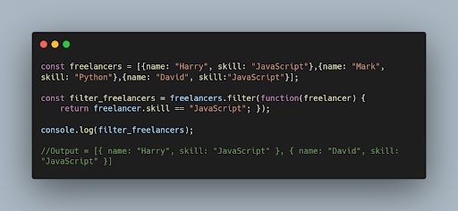 javascript filter() scans an array of freelancers with the skill JavaScript