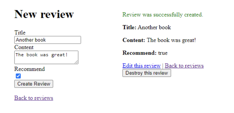 Ruby on Rails image showing the default new review and show review pages. The interface is very simple and looks similar to an HTML website from 1998. 