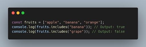 JavaScript includes() method code on an array.