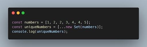 JavaScript code example removing duplicates using the filter() method.