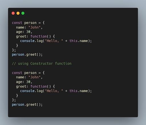 JavaScript object literals code example.