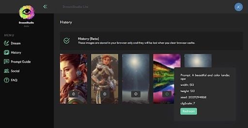 history of images created screenshot