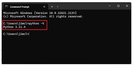 Command prompt screen verifying that Python has been installed