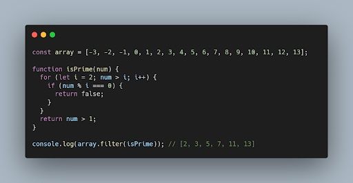 JavaScript filter() method used to return an array for prime numbers.