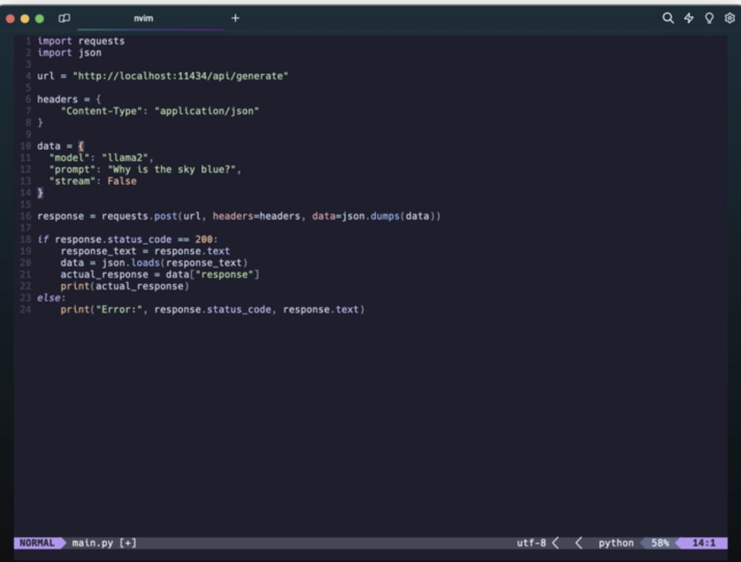 Snapshot of the code to run Ollama API with Python.