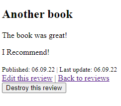 Ruby on Rails image showing the book review changed notification. The interface is very simple and looks similar to an HTML website from 1998. 