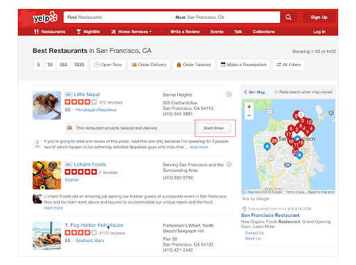 user centered design screenshot of Yelp restaurant search results with Start Order highlighted