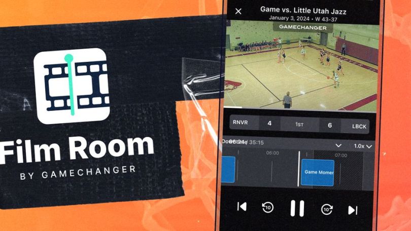 A product image from GameChanger with the words “Film Room by GameChanger” on one side and a screenshot of a phone running the program on the other.&nbsp;