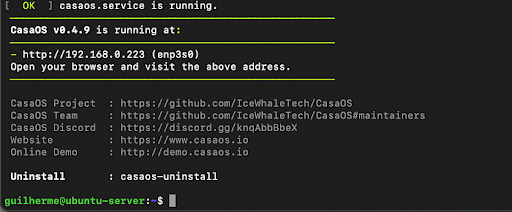 CasaOS installation final output.
