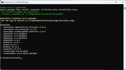 Successful Python installation code.