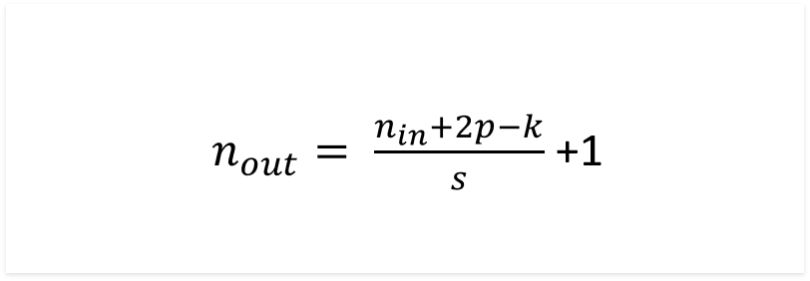 Equation to calculate the output size of a convolutional layer. 