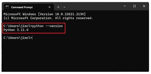 Entering the command prompt python --version to verify Python installation.