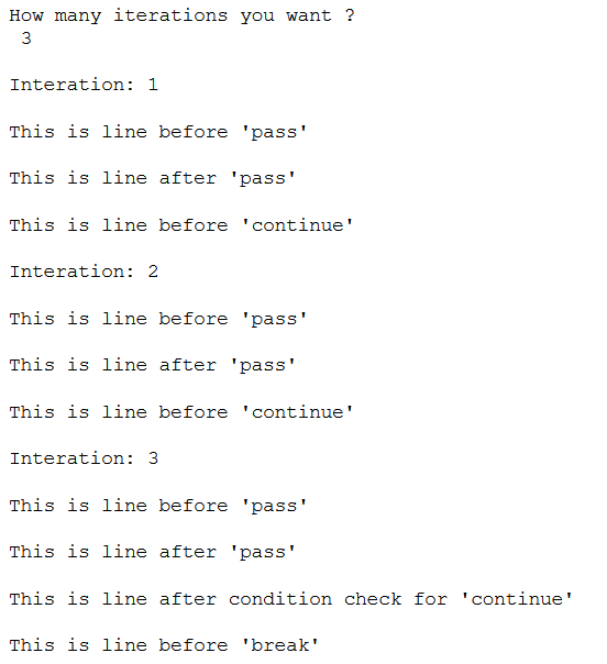Pass, continue and break in Python example. 