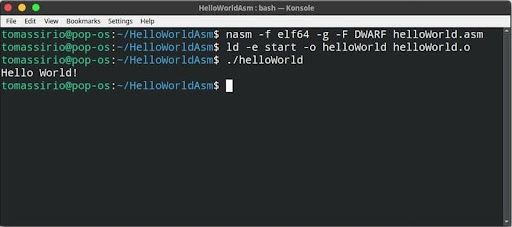 Hello World message on the terminal.