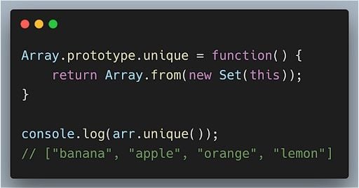 Sets method code using array prototype to remove duplicates.