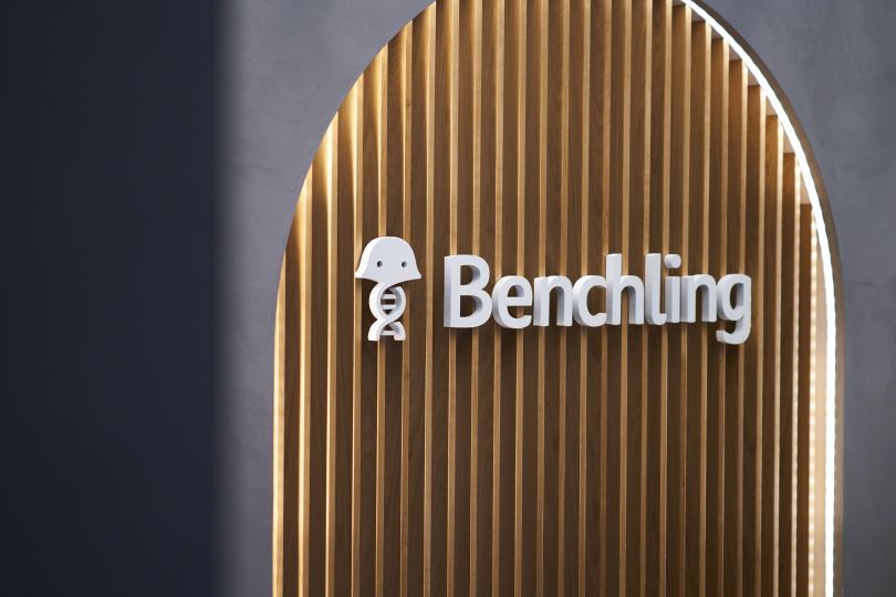 Benchling logo displayed on a wall in the company’s office