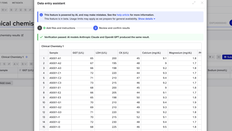 Image depicting successful cross-model verification in Benchling’s Data Entry Assistant.&nbsp;