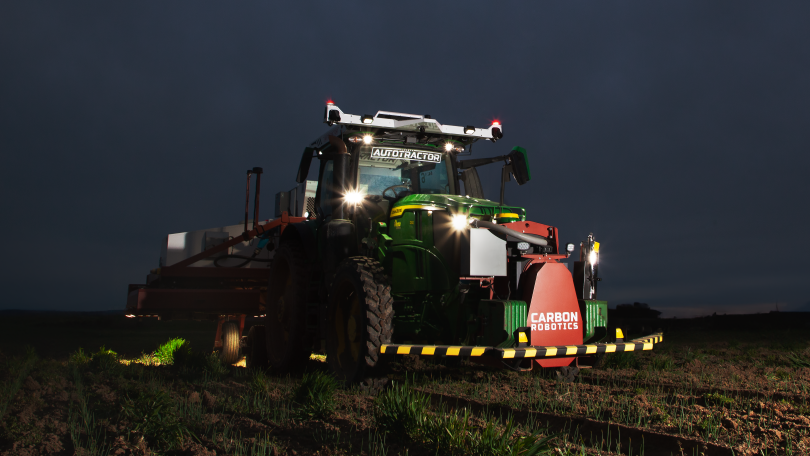 Front view image of Carbon AutoTractor taken at nighttime