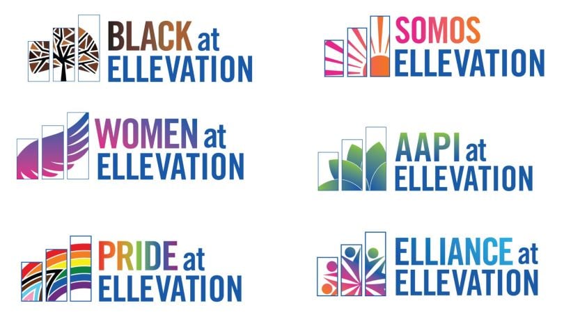 Logos of the five Ellevation Education ERGs and ELLiance, the internal DEI programming group.