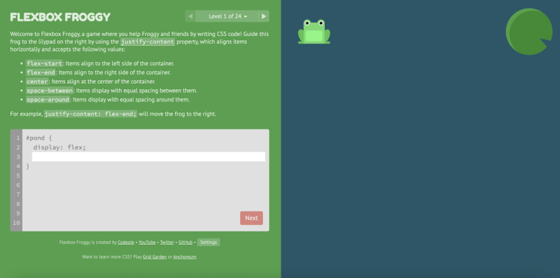 Screenshot of Flexbox Froggy game.