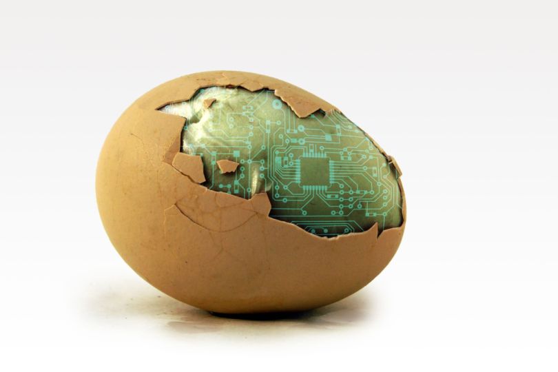 An egg’s shell cracks to reveal a circuit board inside.&nbsp;