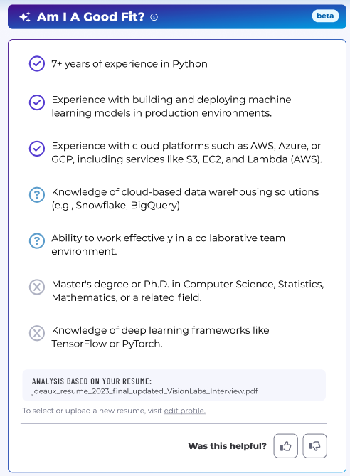 Built In Am I a Good Fit section that uses AI to compare resumes against responsibilities of role