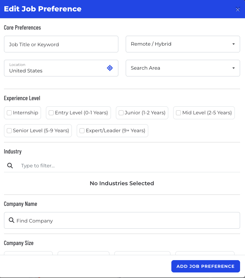 Job Preference Settings featuring location, job type, company settings