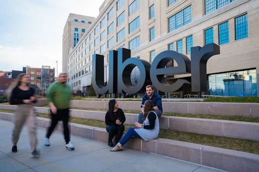 The Uber team outside of its office