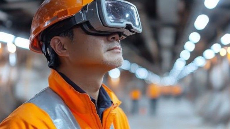 An EHS worker examines equipment while wearing protective goggles and a helmet