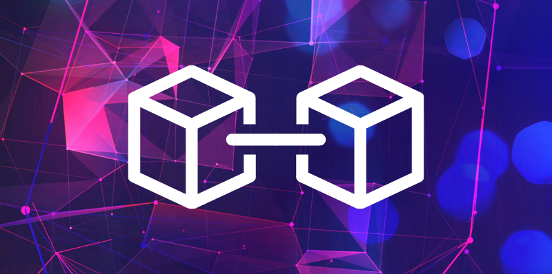 Two cubes connected by a line representing the basics of blockchain tech.