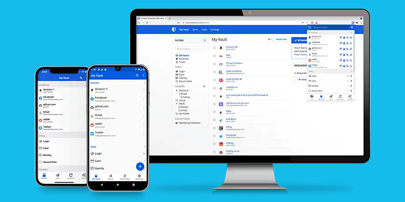 The BitWarden password manager dashboard displayed on a mobile device and desktop computer.