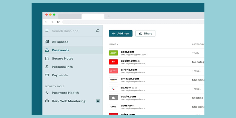 A screenshot of Dashlane's password manager dashboard.